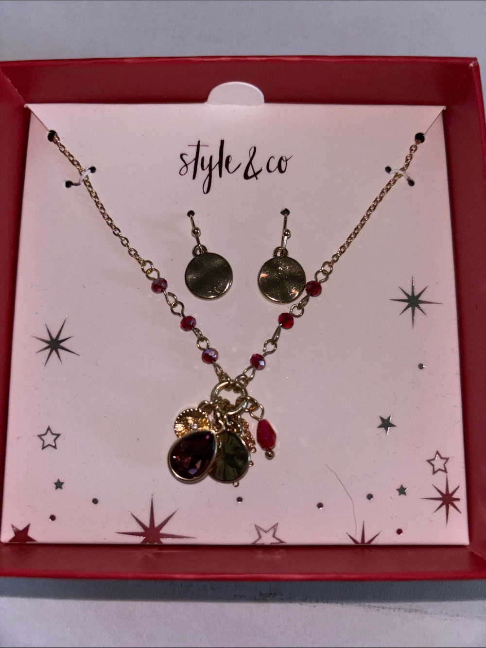 Style & Co. Gold-Tone Necklace and Earring Set with Red Accents
